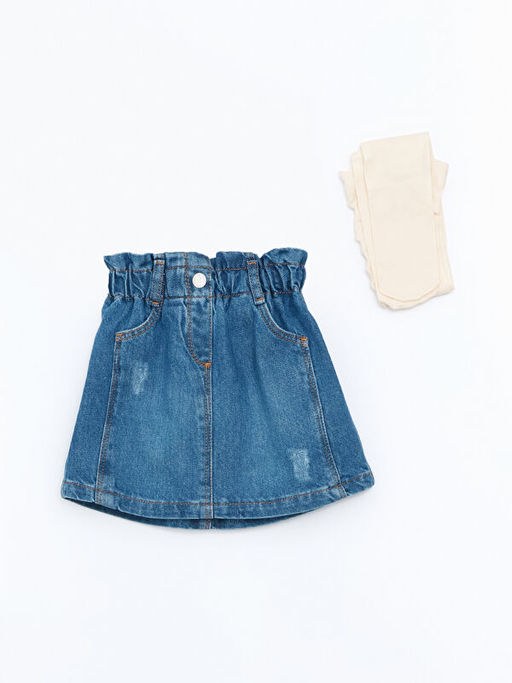 Bel? Lastikli K?z ?ocuk Jean Etek ve K?lotlu ?orap 2li Tak?m