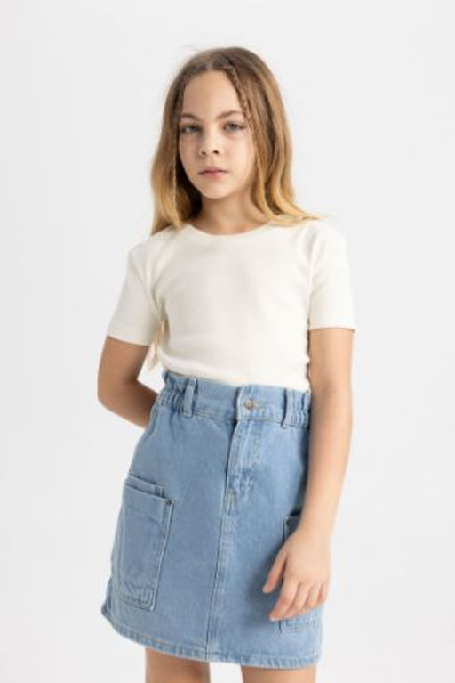 K?z Cocuk Slim Fit Dar Kesim Bisiklet Yaka Ribana Basic Duz K?sa Kollu Tisort