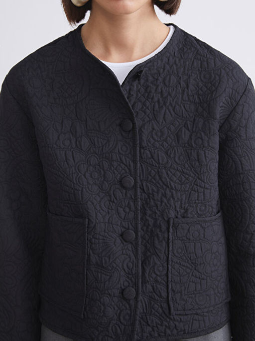 Bisiklet Yaka Kendinden Desenli Kad?n Ceket