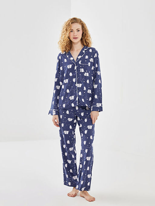 G?mlek Yaka Bask?l? Kad?n Pijama Tak?m?