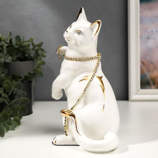 Фигура керамика «Белая кошечка с пояском», с золотом, стразы, 22.5 см