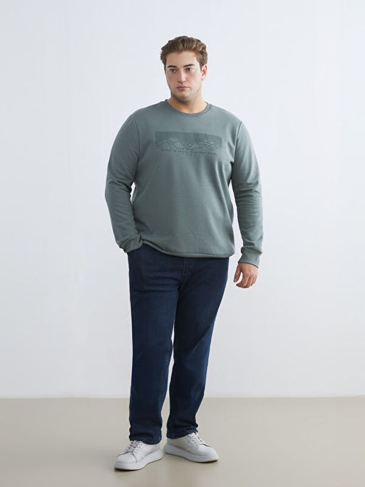 B?y?k Beden Bisiklet Yaka Bask?l? Erkek Kal?n Sweatshirt