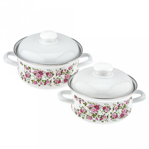 "Китайская роза" Набор эмалированных кастрюль 2 предмета: 1,5л, 2л, s0,8мм, форма цилиндрическая, двойной слой эмалевого покрытия, металлическая крышка с пластмассовой ручкой-кнопкой, металлические ручки, нержавеющий ободок (Россия)