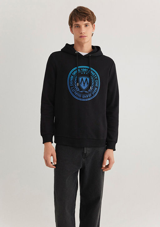 Muhur Logo Bask?l? Kapusonlu Siyah Sweatshirt - Mavi фото 2