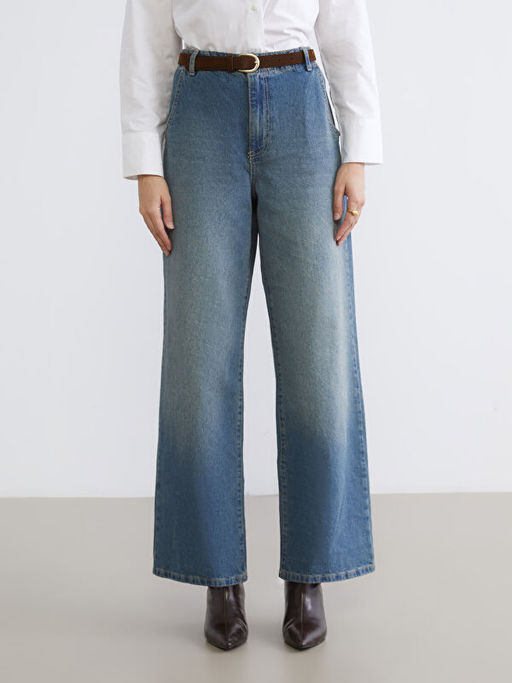 Beli Kemerli Wideleg Kad?n Jean Pantolon