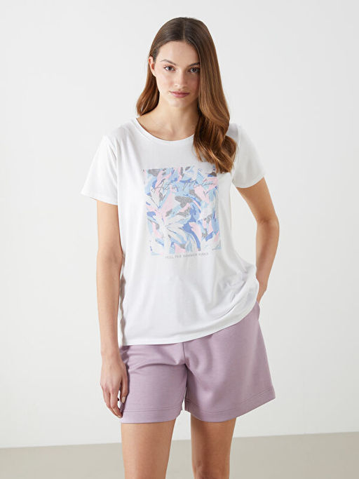 Bisiklet Yaka Bask?l? Kad?n Ti??rt