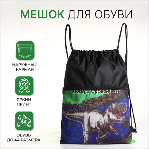 Мешок для обуви на шнурке, с карманом, принтом, размер 45×1×34 см, чёрный/разноцветный