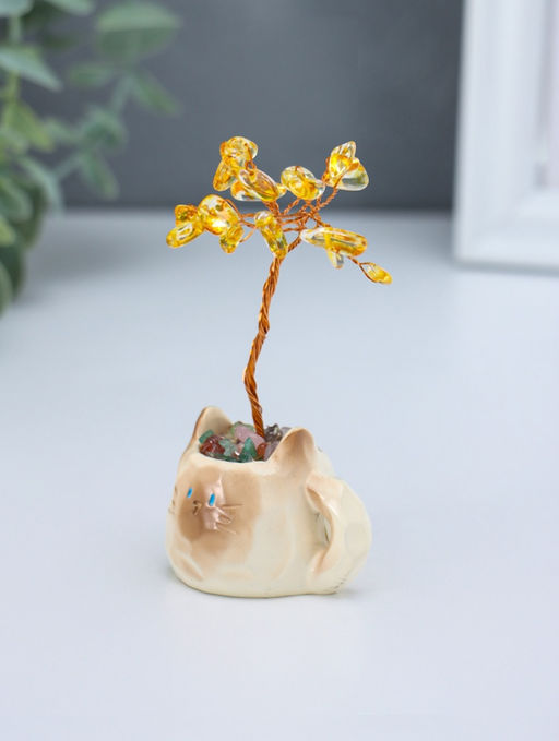 Денежное дерево декоративное «Сувенир бонсай. Котик-кружка», 12 жёлтых камней, 3.5×4.7×7.5 см