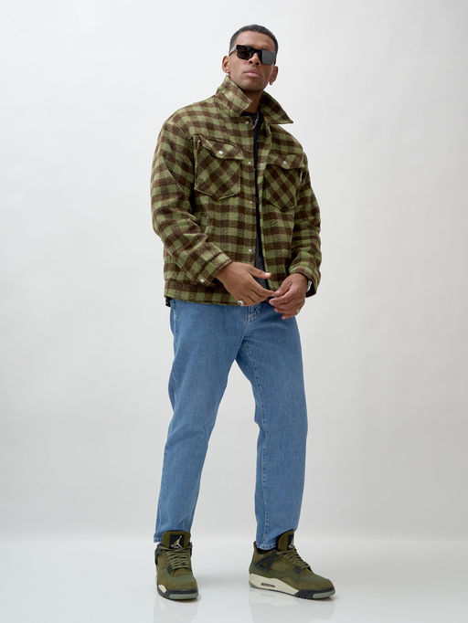 Куртка рубашка шерстяная в клетку мужская демисезонная зеленого цвета 58566Z