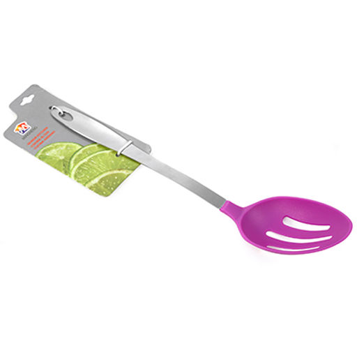 Ложка гарнирная для тефлоновой посуды пластмассовая Баклажан 35см, ручка из нержавеющей стали, с прорезями (Китай) - Домашняя мода фото 2