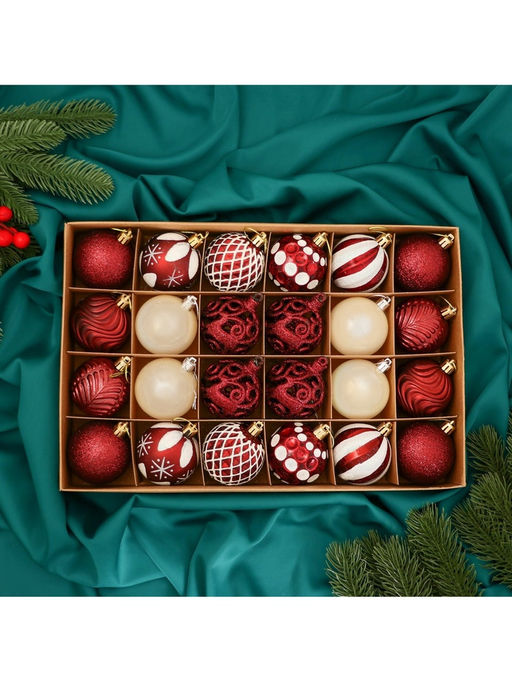 Ёлочные игрушки Мелодия ассорти люкс, шары новогодние, d=6 см, набор 24 шт., бело-бордовый - Зимнее волшебство фото 8