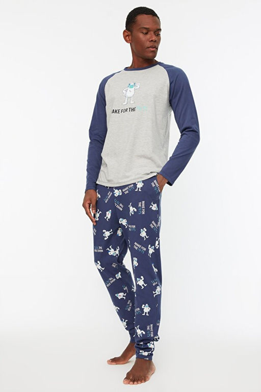 Lacivert-Gri %100 Pamuk Regular Fit Bisiklet Yaka Pijama Tak_m_ THMAW22PT0440 - Trendyolmilla фото 2
