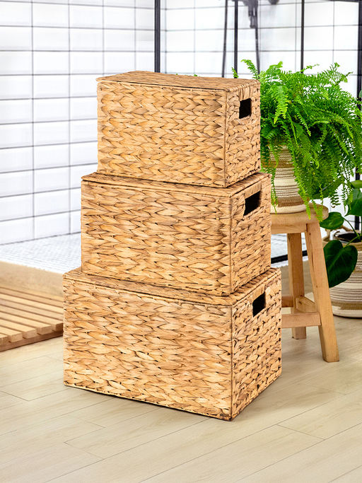 Набор 3 плетенных корзин, 45*30,5*27 см, 40,5*25*24 см, 35*21*23 см, с крышками, водный гиацинт