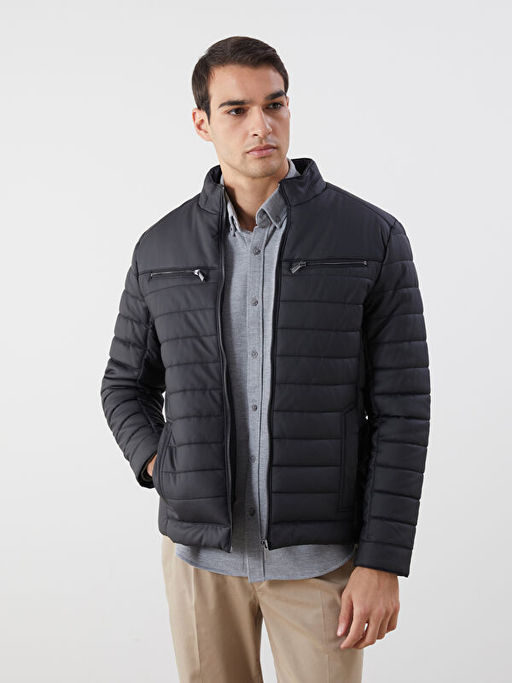 Slim Fit Dik Yaka Erkek Deri G?r?n?ml? Mont