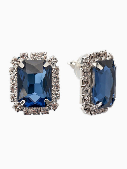 Серьги со стразами «Роскошь», прямоугольник, синий,белый в серебре