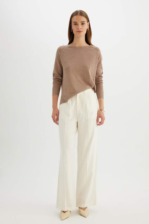 Женский однотонный вязаный свитер стандартного силуэта с круглым вырезом и рукавами реглан, серебристый - Defacto фото 2