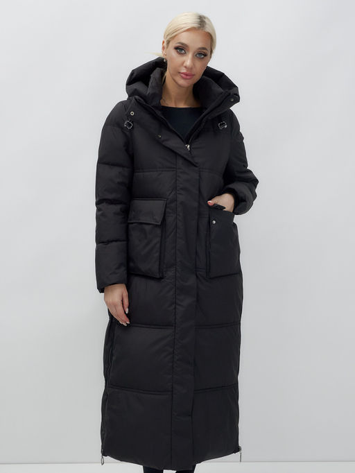 Пальто утепленное стеганное зимнее с капюшоном женское черного цвета 9602Ch - Mtforce фото 12