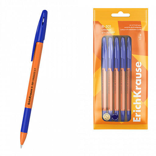 Цена за 50 шт. Ручка шариковая ErichKrause R-301 Stick&Grip Orange 0.7, цвет чернил синий (в коробке по 50 шт.)  фото 17