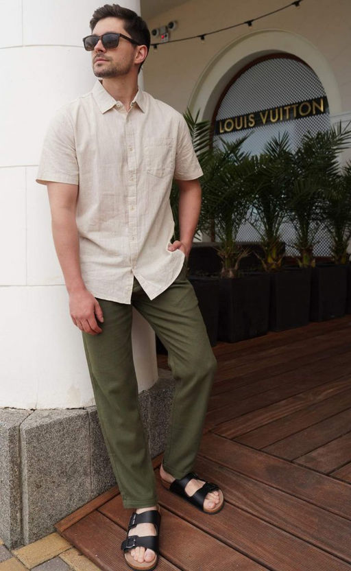 Брюки льняные мужские F211-0871 оливковые