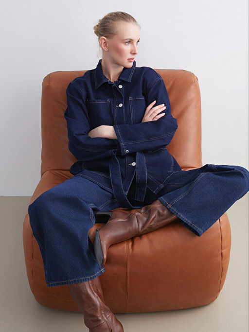 G?mlek Yaka Kad?n Jean Ceket