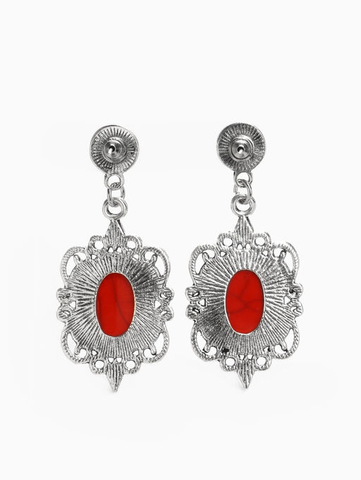 Серьги Ажур капля винтаж, красные в чернённом серебре - Qf фото 2