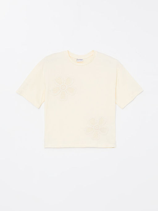 Bisiklet Yaka ?i?ekli K?sa Kollu K?z ?ocuk Ti??rt