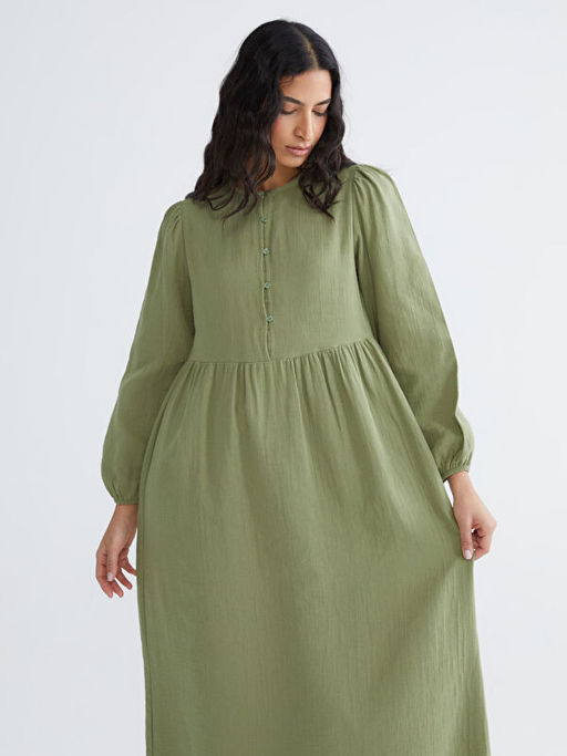 Bisiklet Yaka Balon Kollu M?slin Elbise