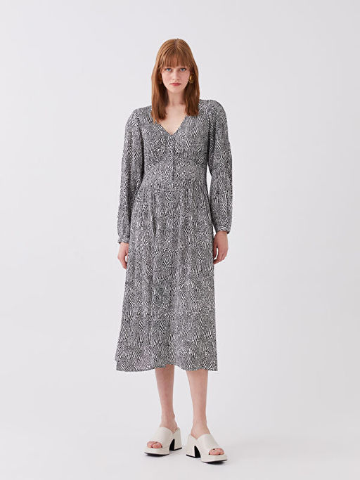 V Yaka Desenli Uzun Kollu Elbise