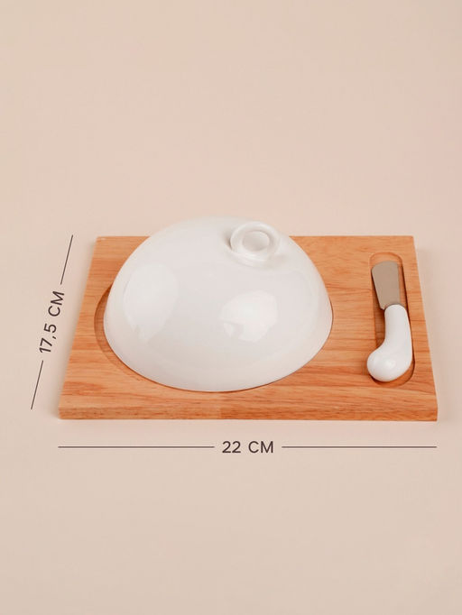 Маслёнка SL Home «Тренто», 22×17.5 см, на деревянной подставке, с ножом для масла, фарфор, белая