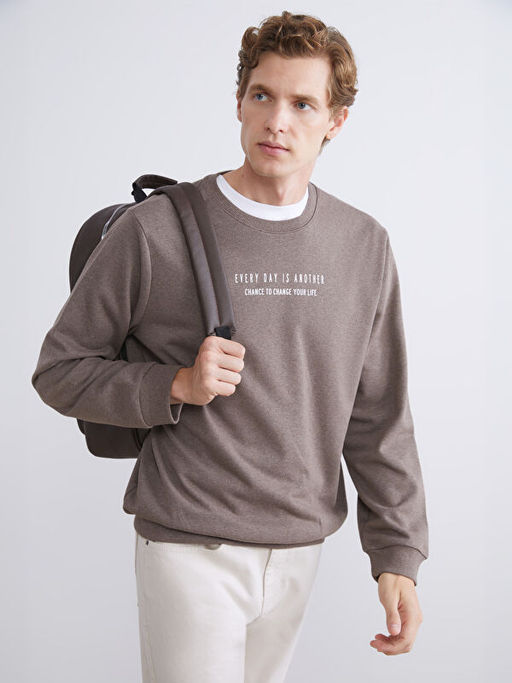 Bisiklet Yaka Bask?l? Erkek Sweatshirt