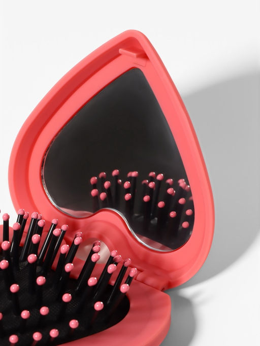 Расчёска массажная «Сердце», складная, с зеркалом, 8×2.5 см, матовая, розовая