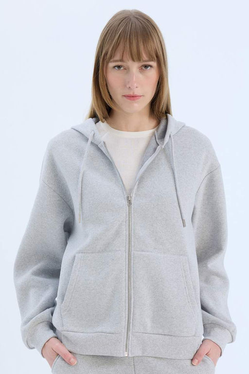 Okula Donus Relax Fit Kapusonlu Kal?n Basic Duz Cepli Fermuarl? Sweatshirt - Defacto фото 2