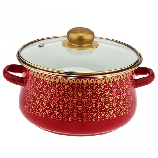 Набор эмалированных кастрюль "Ажурный" 3 предмета: 2л, 3л, 4л, цилиндрическая форма, стекляннеая крышка с пластмассовой ручкой, ободок из нержавеющей стали, бордовый (Россия)