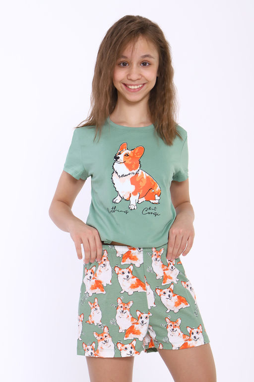 Пижама для девочки Корги на зеленом арт. ПД-023-062