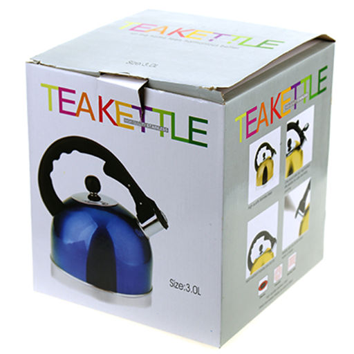 "Кнопка" Чайник из нержавеющей стали 2,6л, д19см h15см, со свистком, ручка бакелитовая с клапаном для открывания затвора носика, цветная коробка (Китай)