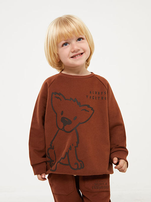 Bisiklet Yaka Bask?l? Erkek Bebek Sweatshirt