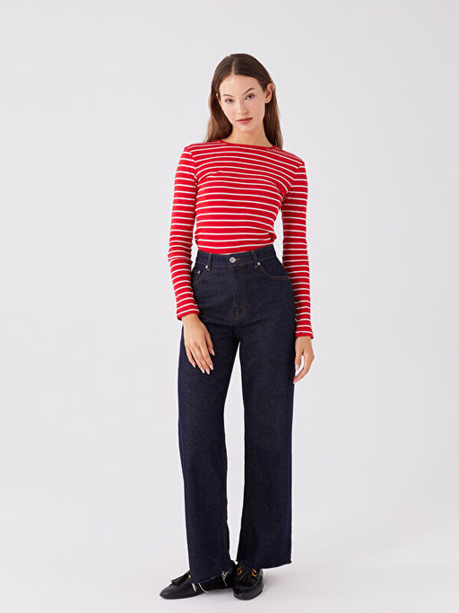 Bisiklet Yaka ?izgili Uzun Kollu Kad?n Body