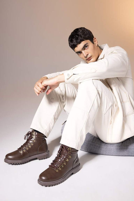 Мужские ботинки из искусственной кожи на плоской подошве со шнуровкой - Defacto фото 2