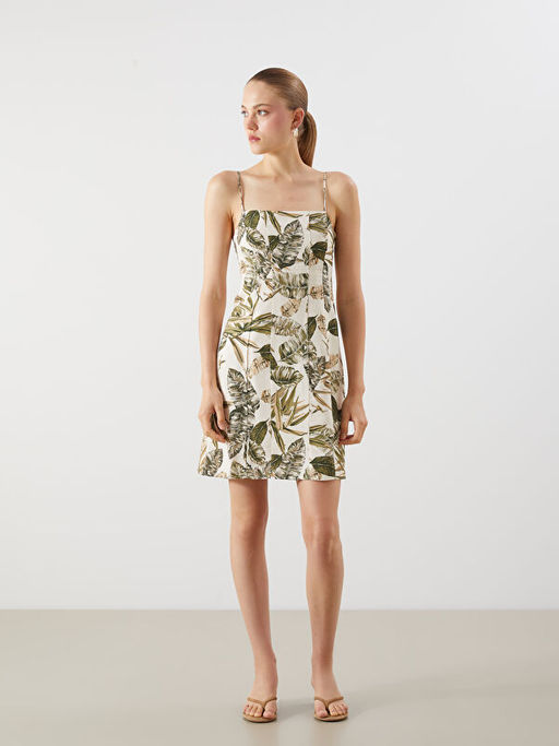 Kare Yaka ?i?ekli Keten Kar???ml? Mini Elbise