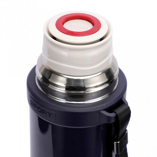 Термос из нержавеющей стали с узкой горловиной 0,9л "Гант" д7,5см, h32,5см, горло д4,5см, кнопочный механизм, крышка-стакан, с ремешком, покрытие - фиолетовое, глянцевое, "TalleR" (Китай)