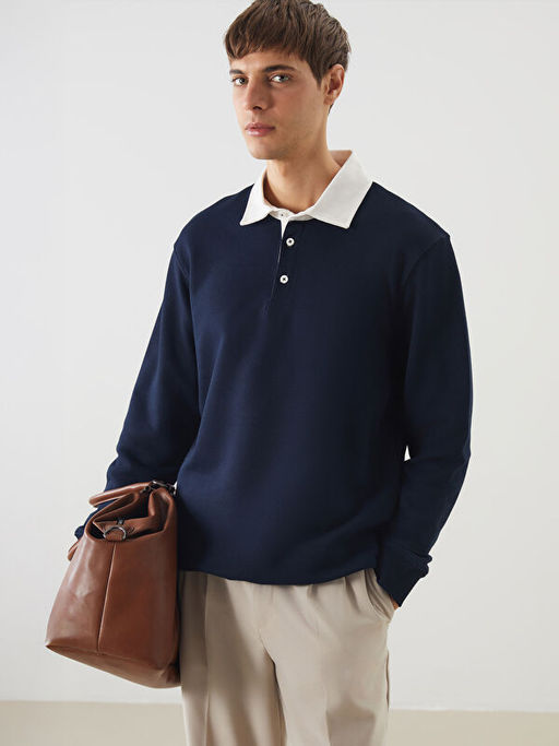 Polo Yaka Uzun Kollu Erkek Sweatshirt