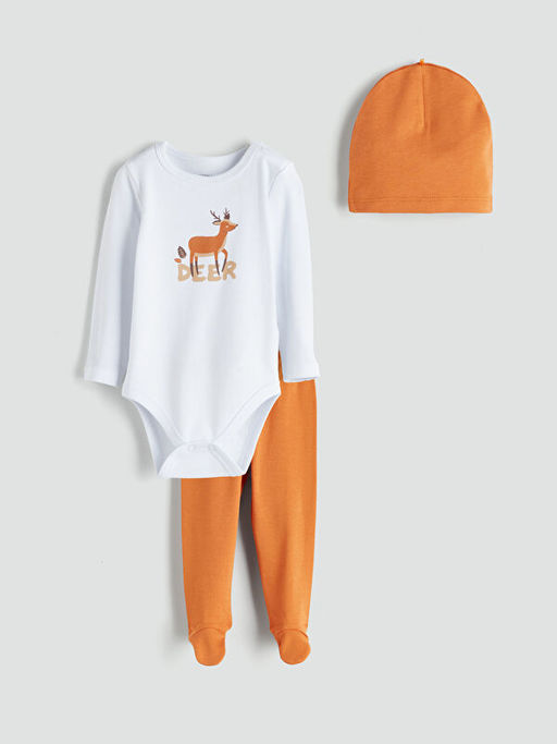 Geyik Bask?l? Erkek Bebek ??t??tl? Body Pantolon ve Bere 3l?