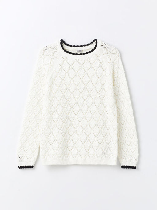 Bisiklet Yaka Kendinden Desenli Uzun Kollu K?z ?ocuk Triko Kazak