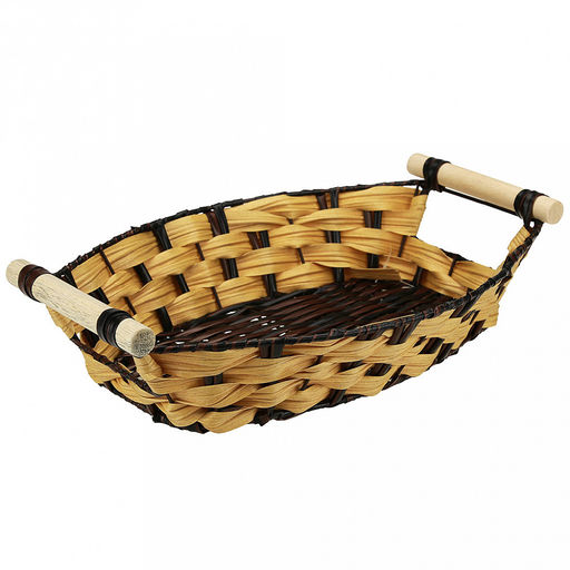 Корзина-сухарница плетеная Береста 31,5х22,5см h6,5см, полипропилен, бежевый, деревянные ручки, металлический каркас, форма лодочка (Китай)