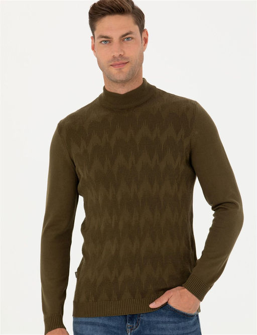 Haki Slim Fit Yar_m Bal_k__ Yaka Triko Kazak