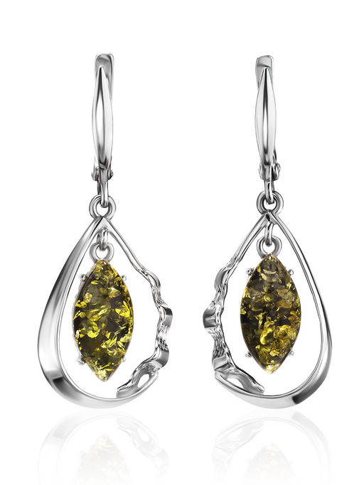 Стильные серьги Рапсодия с зелёным янтарём