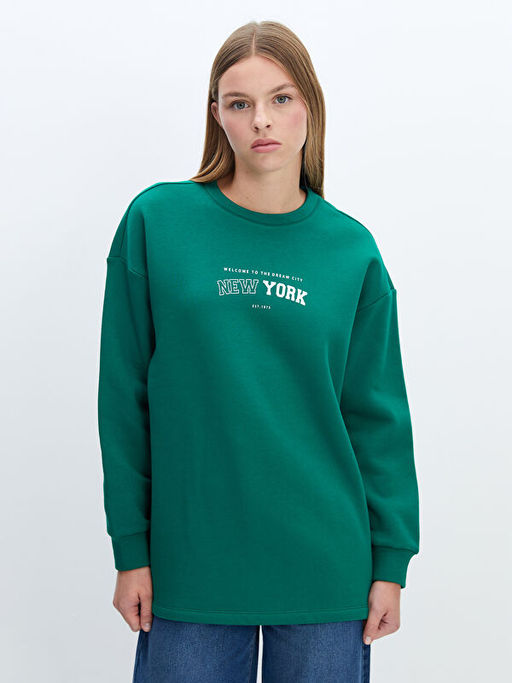 Bisiklet Yaka Bask?l? Oversize Kad?n Kal?n Sweatshirt Tunik
