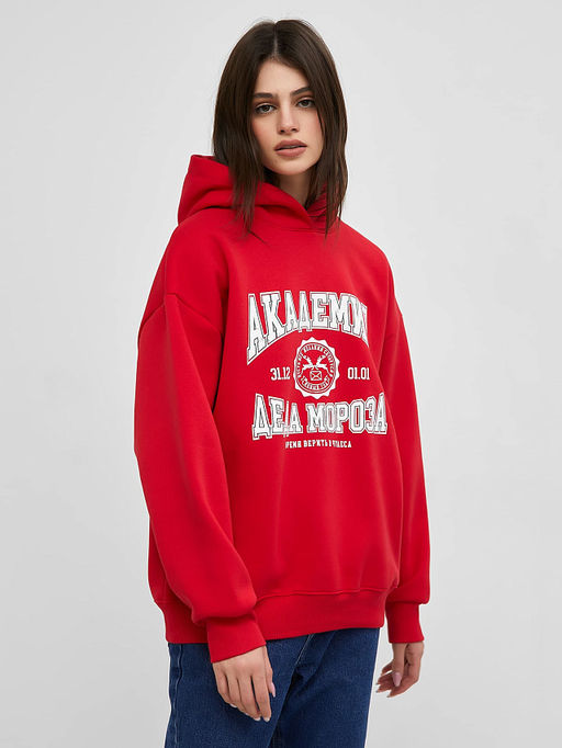 Теплое красное худи силуэта оверсайз с новогодним принтом - Mark formelle фото 2