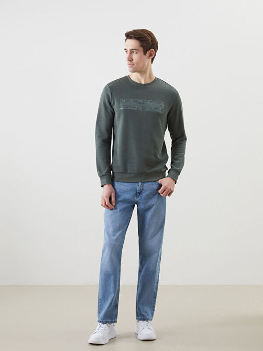 Bisiklet Yaka Uzun Kollu Bask?l? Erkek Sweatshirt