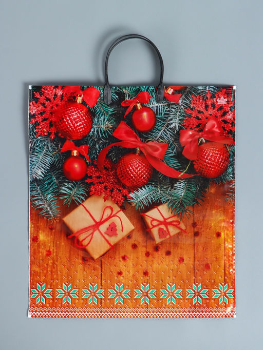Цена за 10 шт. Пакет новогодний «Шарики на деревянном», полиэтиленовый с пластиковой ручкой, 44×40 см